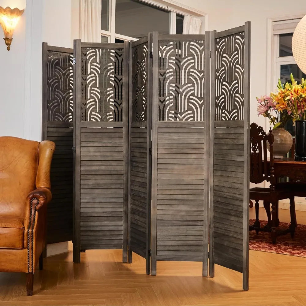 5.6 Ft Room Divider Wood Carved Wall Divider Indoor Folding Portable Partition Screen for Home Office Garden Terrace - 6 Panel