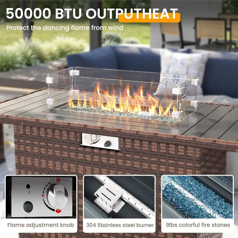 Outdoor Rattan Fire Pit Set With Slanted Back Sectional