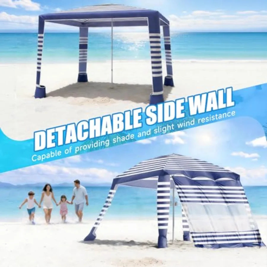 Beach Cabana Tent for outdoor use, polyester fabric, beige, UPF 50+ sun protection, foldable with adjustable height, 8'×8' size