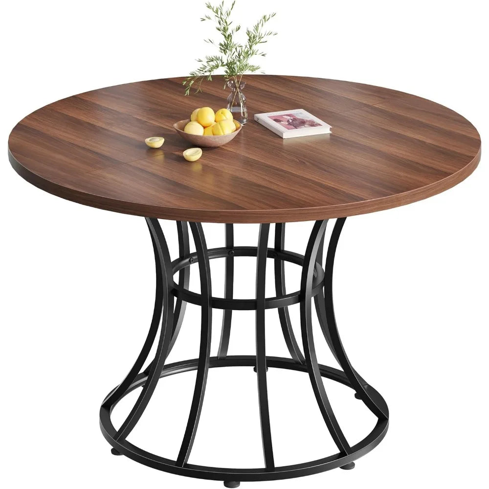 Farmhouse Round Dining Table With Heavy Duty Metal Base
