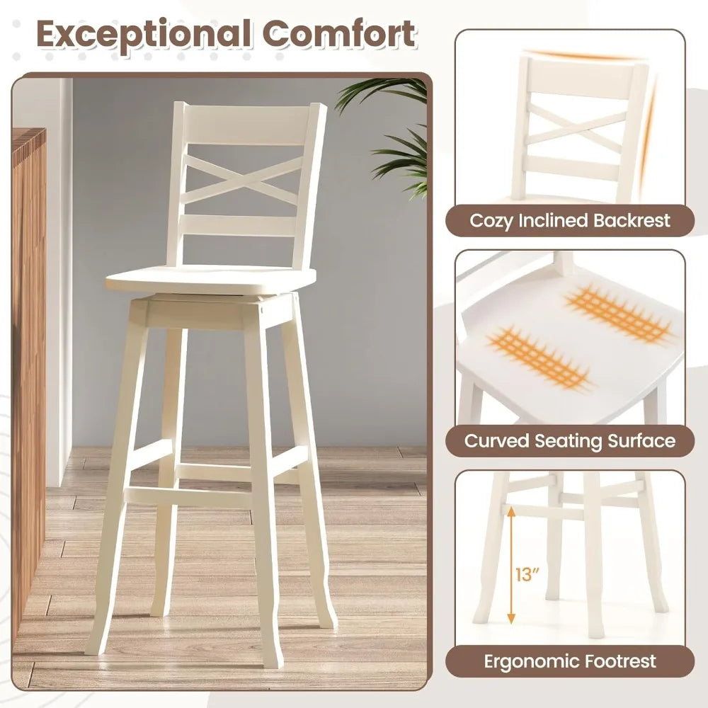 30 Inch Bar Height Stool Set of 4 Rubber Wood Swivel Bar Stool with Inclined Backrest Curved Seat and Footrest