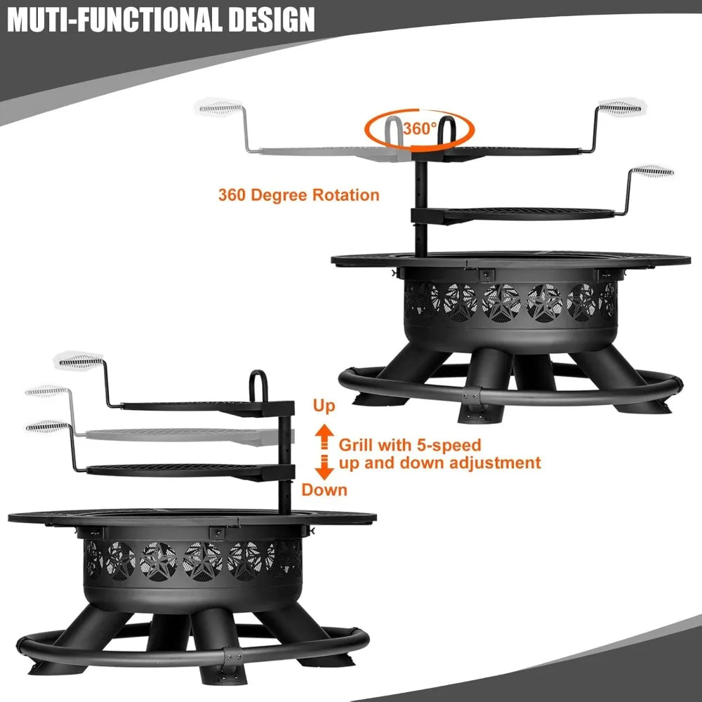 47 Inch Outdoor Fire Pit with 2 Grills, Extra Large BBQ Firepits for Outside, Metal Round Fire pits with Lid&Fire Poker,3 in 1 W