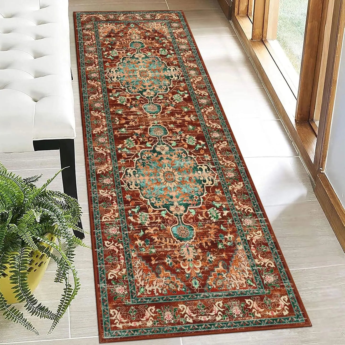 Boho Hallway Runner Rug Vintage Ethnic Style Non Slip Kitchen Rug Water Absorbent Dirty Resistant Entryway Laundry Living Room
