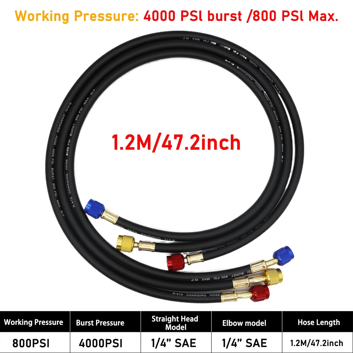 3PCS R410 Refrigerant AC Charging Hose 800-4000 PSI Working Pressure Fit HVAC Air Condition R134a R32 Refrigerant Manifold Gauge