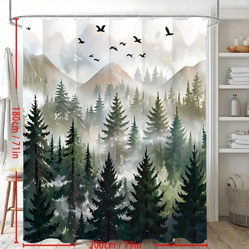 Green Misty Forest Shower Curtain Set Ombre Sage Green White