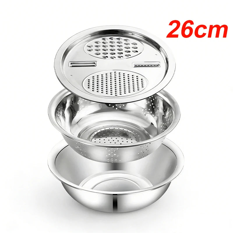 Vegetable Slicer Set 3PCS/1Set Stainless Steel Potato Cutter with Washing Basin Drain Basket Multifunctional Vegetable Chopper