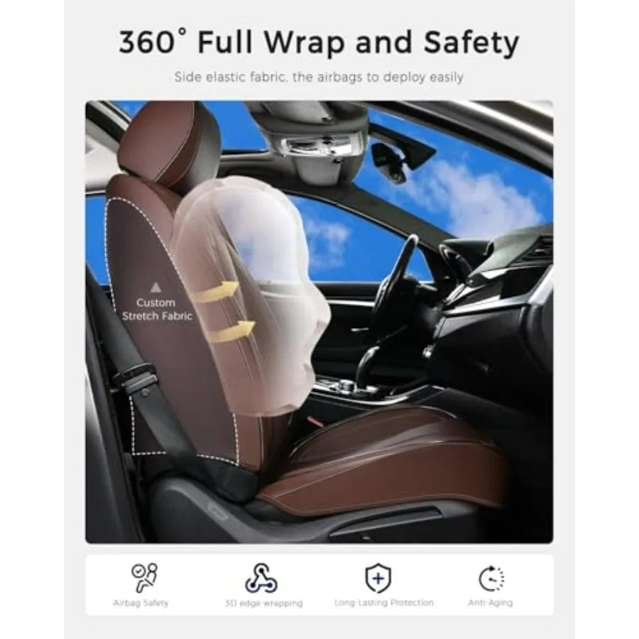 Brown Nappa Leather Car Seat Covers with Lumbar Support Ventilation Holes Velcro Adjustable Airbag Full-Coverage Universal Fit