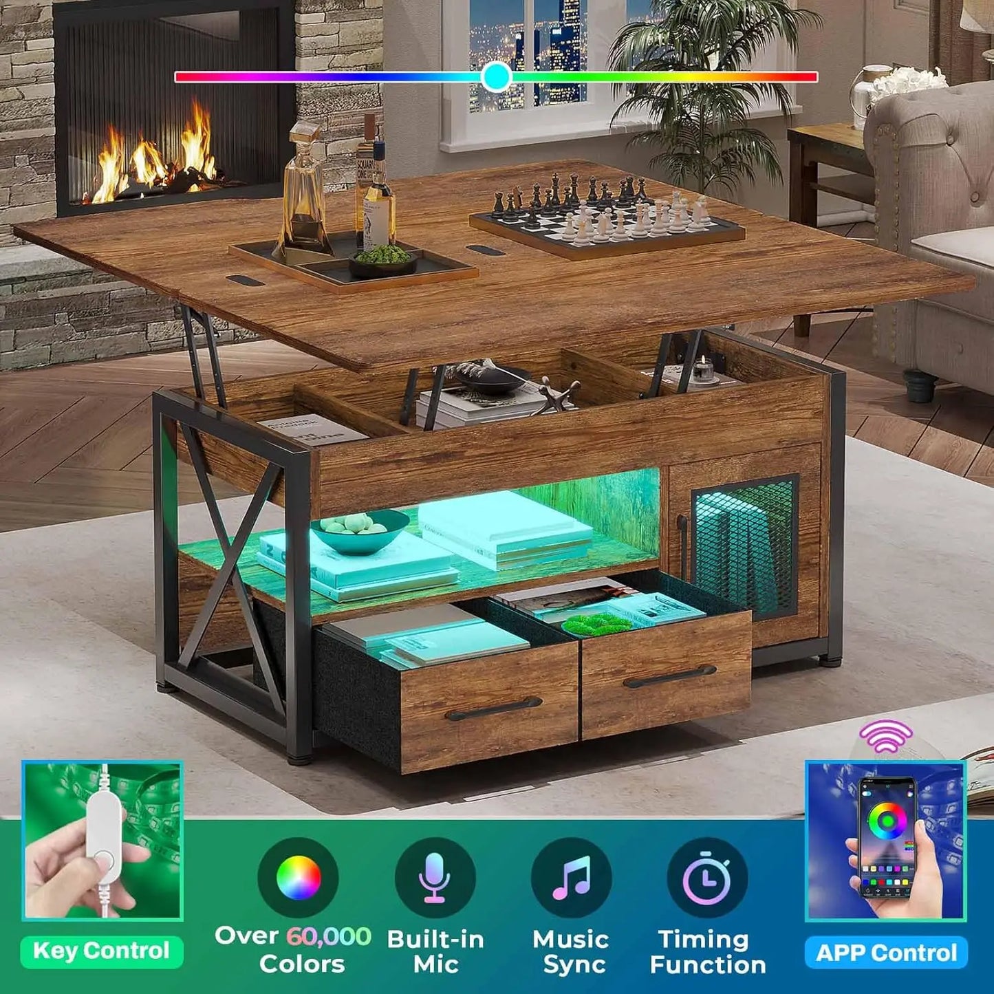 40 Inch Lift Top Coffee Table with Storage Cabinet 4 in 1 Small Farmhouse Living Room Coffee Table with Fabric Drawers and LED Lights