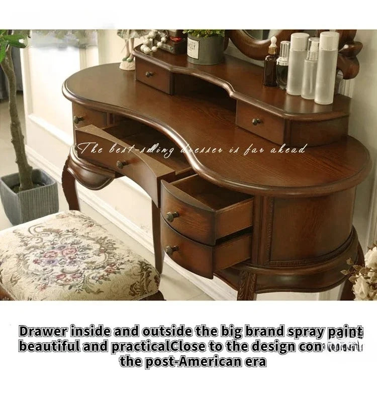 -European Solid Wood Mirror Table Bedroom Dresser Amercia Princess Furniture Dark Villa Luxury Carved Makeup Table Dressing Tabl