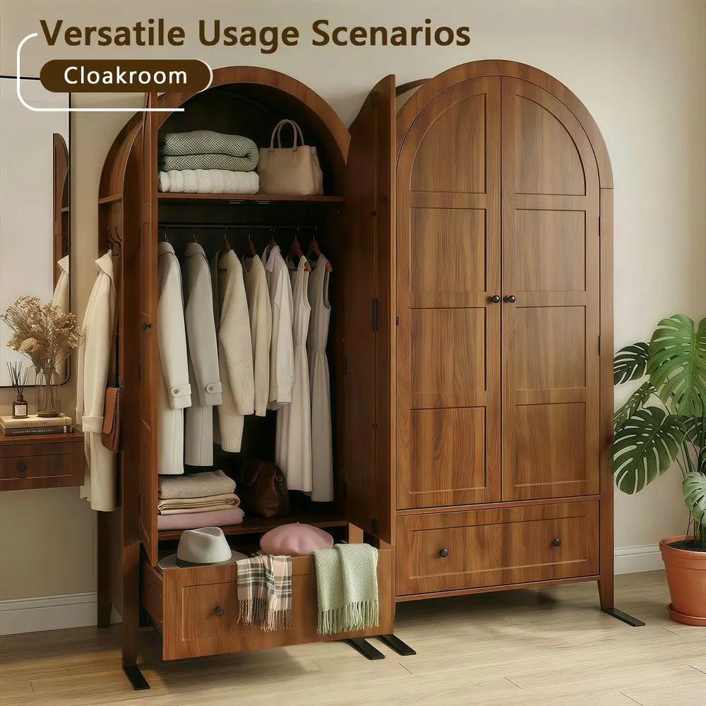 Armoire Wardrobe Closet with Drawer amp 2 Arched Doors, 70.3 Tall Wood Closet Organizer with Hanging Rod amp 3 Hooks, Large Sto
