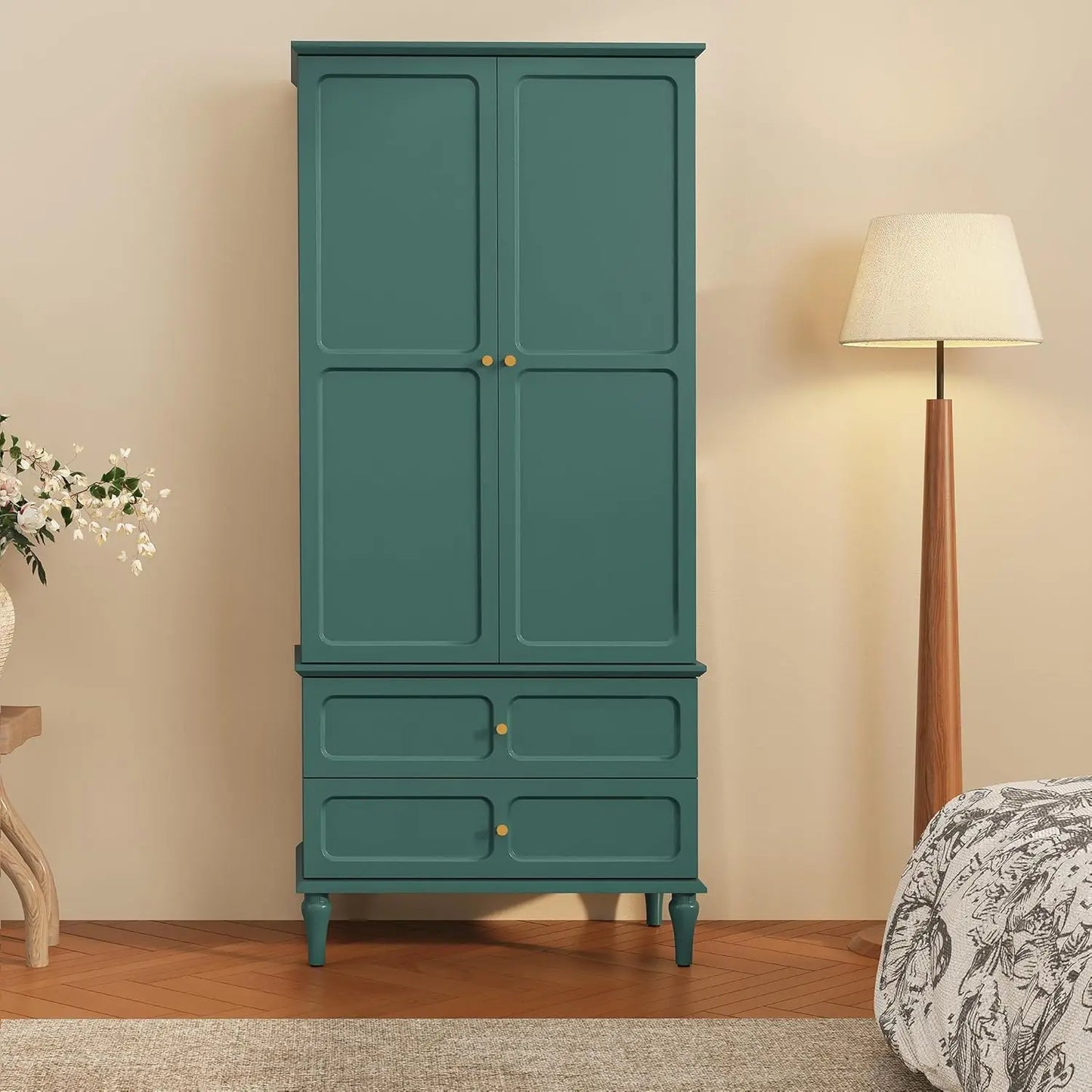 71" Mid-Century Armoire Wardrobe Closet Doors Drawers Wood Hanging Rod Bedroom Large Storage Custom