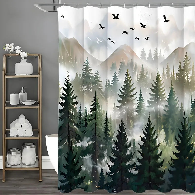 Green Misty Forest Shower Curtain Set Ombre Sage Green White