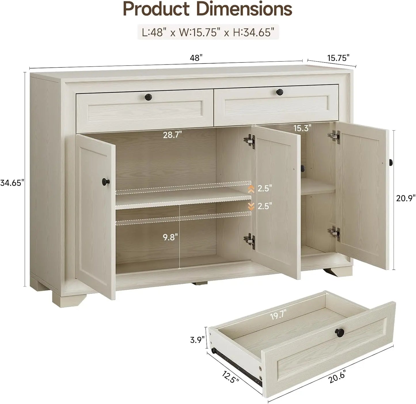 48" Sideboard Storage Cabinet with 2 Drawers + 3 Doors | Wood Coffee Bar Cabinet, Buffet Table Adjustable Shelves Farmhouse Style for Home Kitchen Living Room