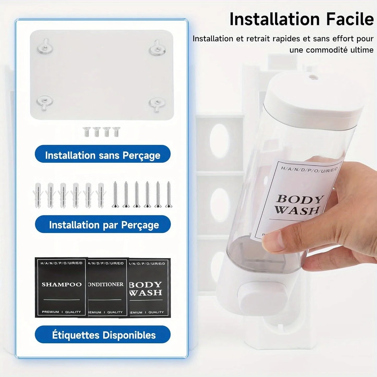 Wall Mounted Soap Dispenser Shower Gel Dispenser 3 in 1 Shampoo and Conditioner Dispenser No Drilling Required ABS Material