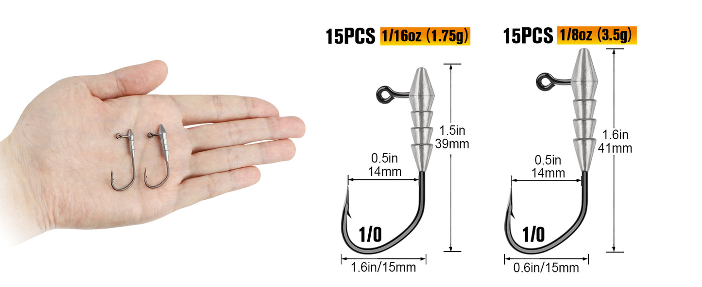 15PCS Hover Rig Jighead Swimbait Jig Heads for Bass Fishing Bass Hooks 1/0 Hover Strolling Rig Kit Fishing Jig Heads1/16OZ 1/8OZ