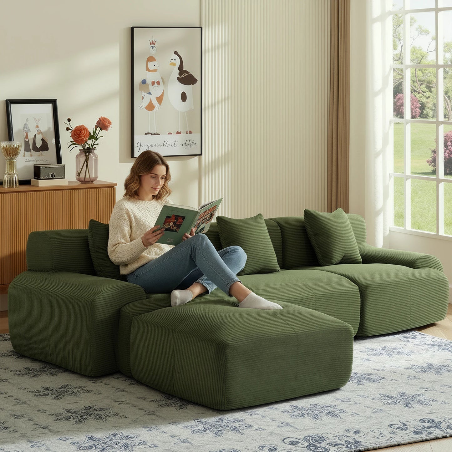 Modern L Shape Corduroy Modular Sectional Sofa Living Room