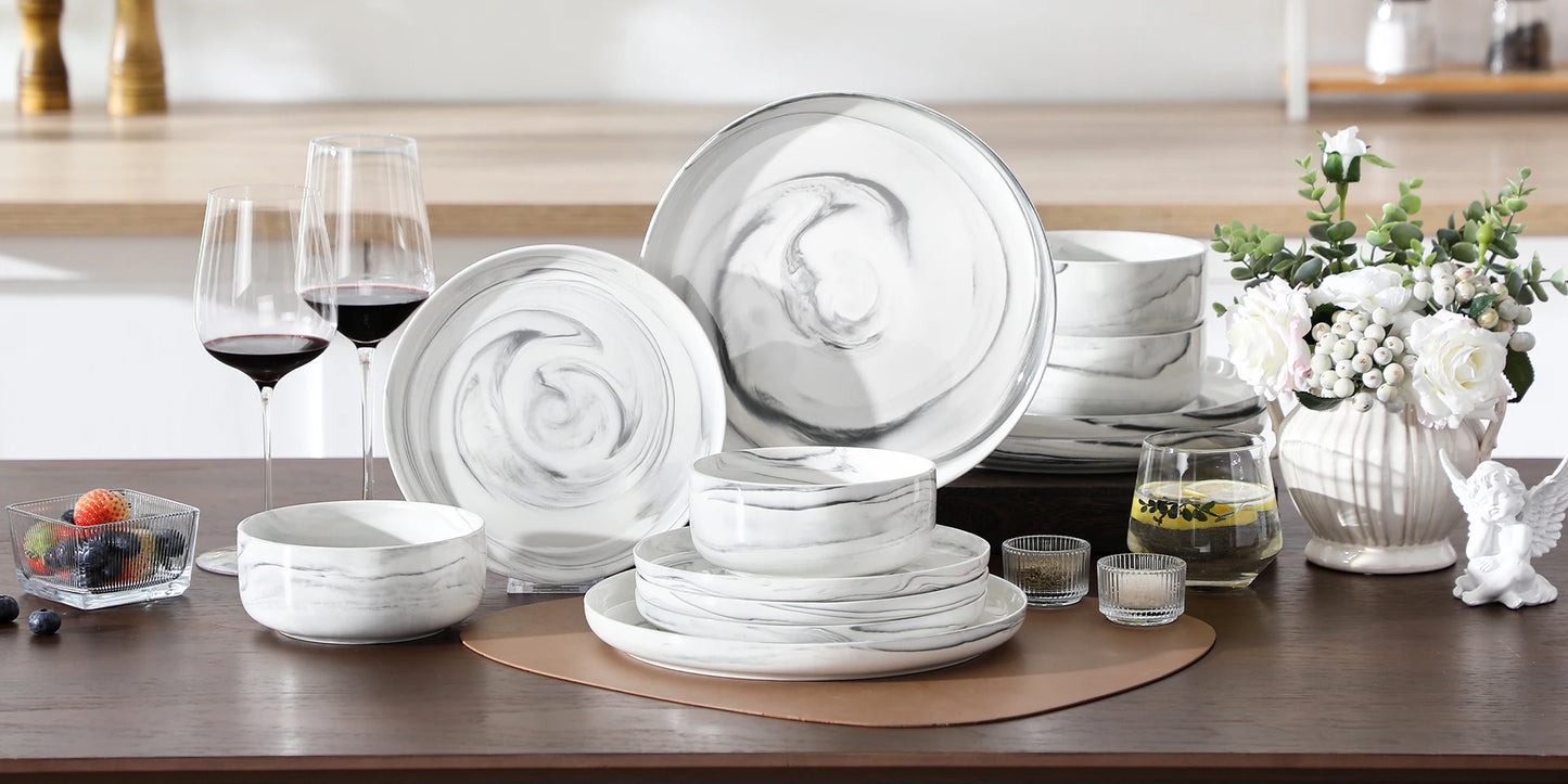 MALACASA Luna Series 24-Piece Marble Porcelain Dinnerware Set with 8 Pcs Dinner/Dessert Plates, Bowl Tableware Set Service for 4