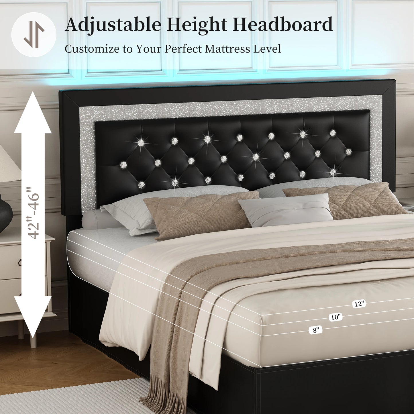 SIBEDS LED Bed Frame With Adjustable Headboard And Linen