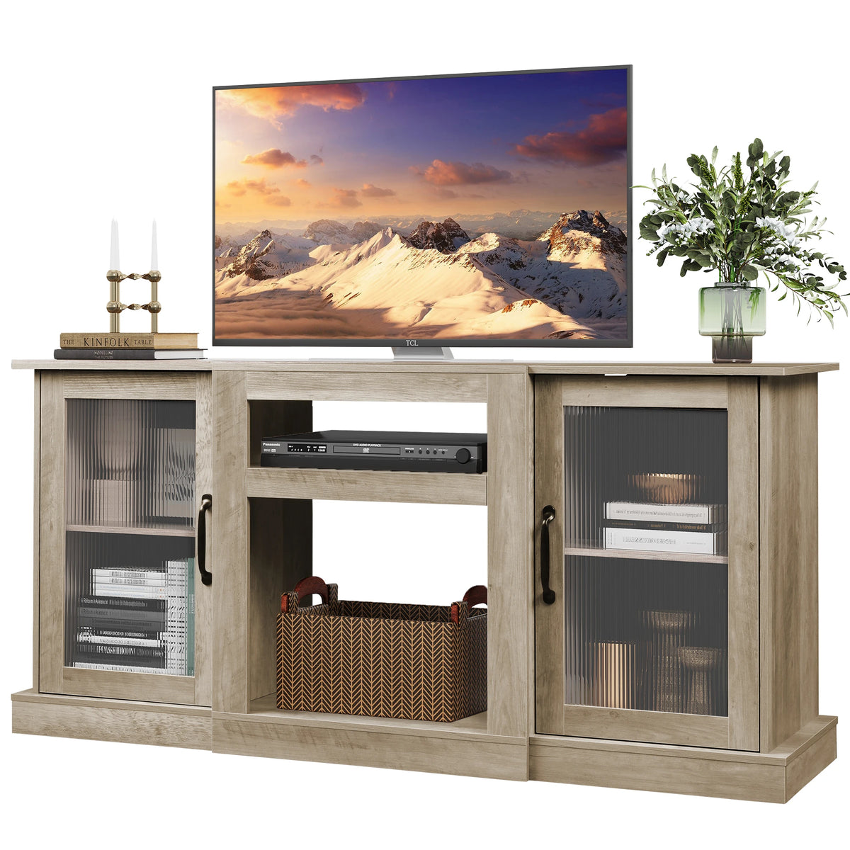 58" Farmhouse TV Stand for 65/60/55 Inch TVs, Tall Entertainment Center with Storage Cabinets & Adjustable Shelves, Modern Media Console Table with Acrylic Doors for Living Room Bedroom, Greige