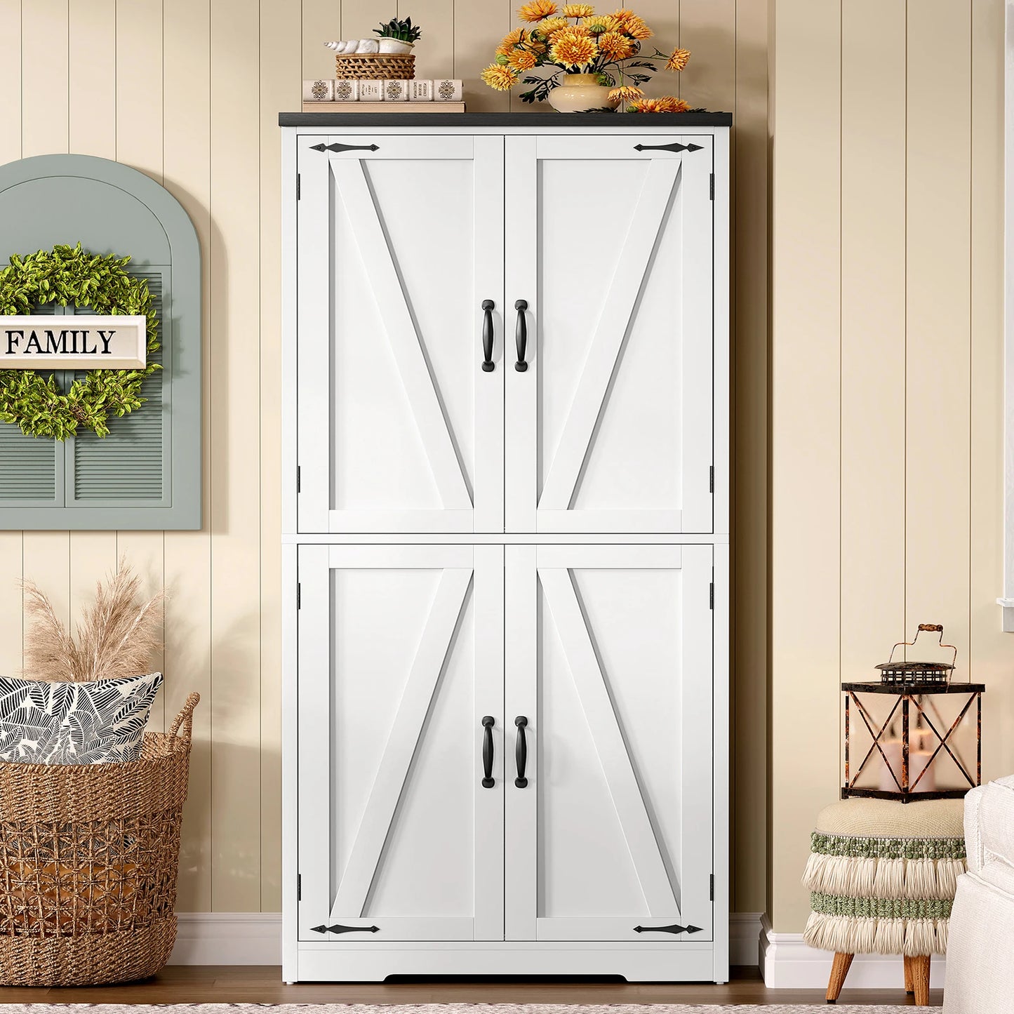 58" H Storage Cabinet with Adjustable Shelf, Farmhouse Kitchen Pantry Cabinet, Bathroom Cabinet with 4 Doors, Cupboard for Kitchen, Bathroom, Living Room, White