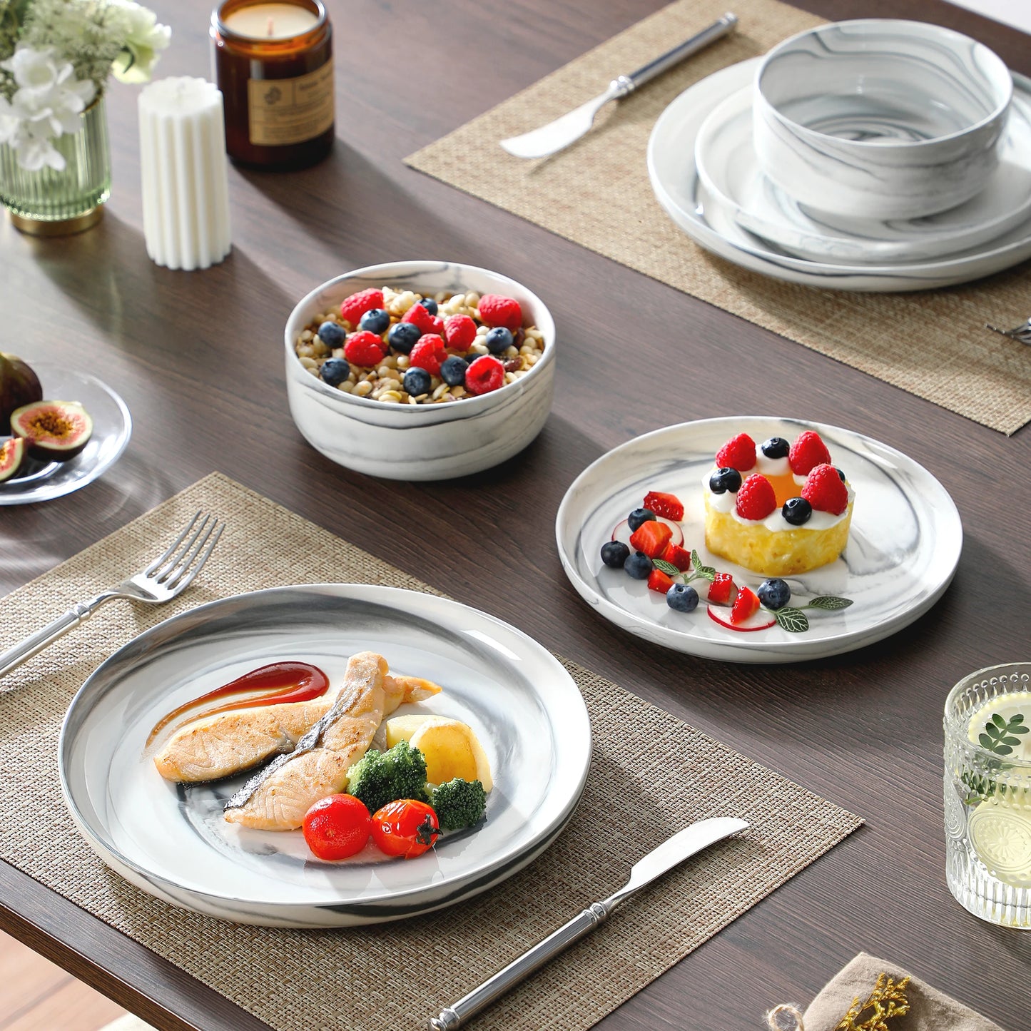 MALACASA Luna Series 24-Piece Marble Porcelain Dinnerware Set with 8 Pcs Dinner/Dessert Plates, Bowl Tableware Set Service for 4