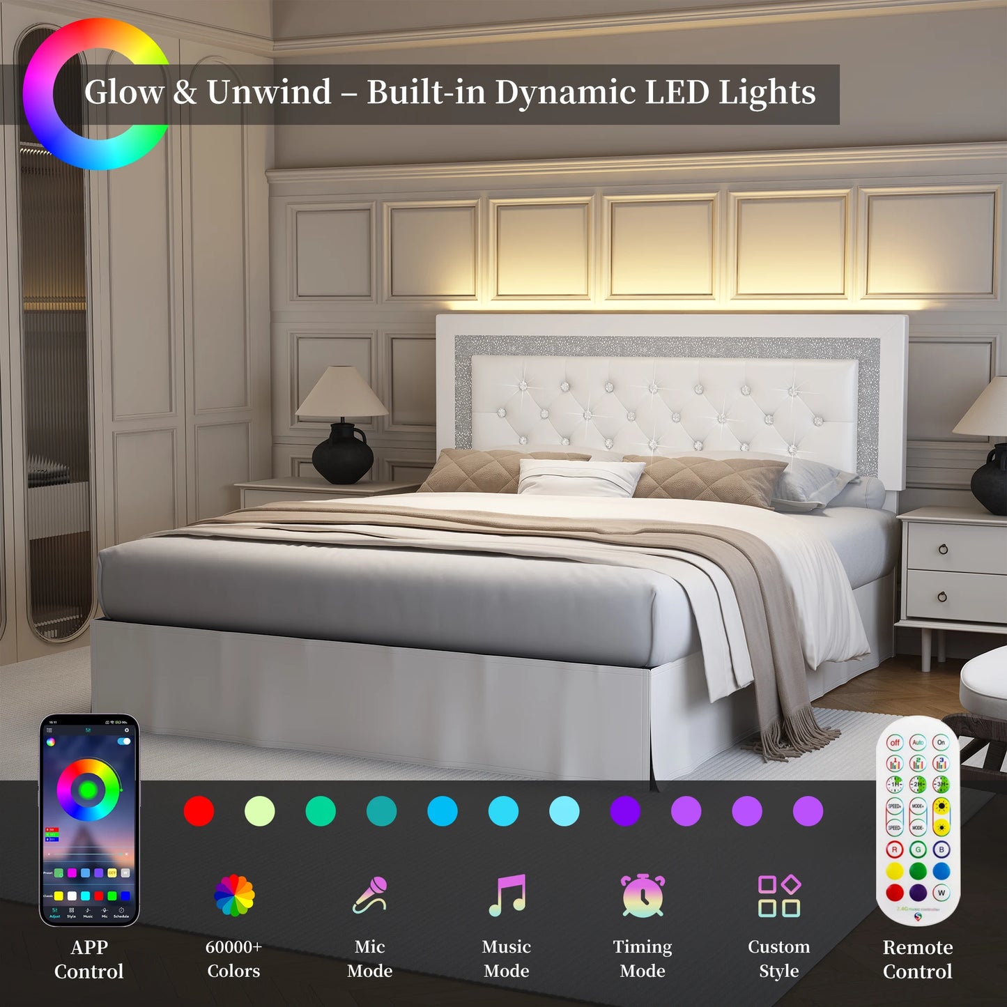 SIBEDS LED Bed Frame With Adjustable Headboard And Linen
