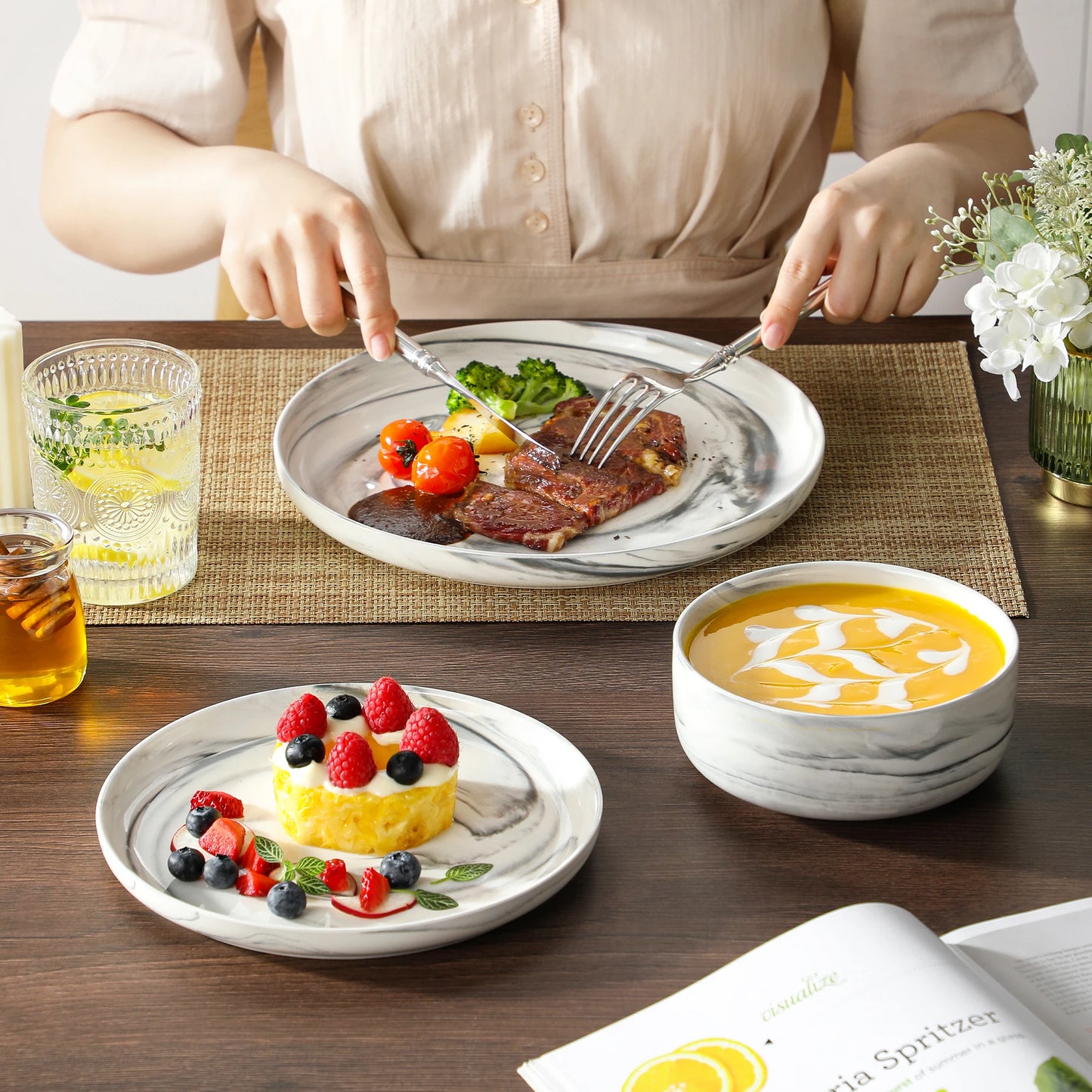 MALACASA Luna Series 24-Piece Marble Porcelain Dinnerware Set with 8 Pcs Dinner/Dessert Plates, Bowl Tableware Set Service for 4
