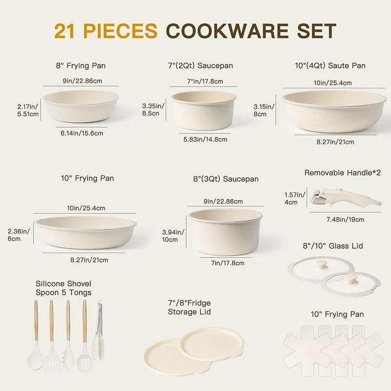 21 Piece Non Stick Ceramic Cookware Set with Sensor Handles by Astercook in Milky White