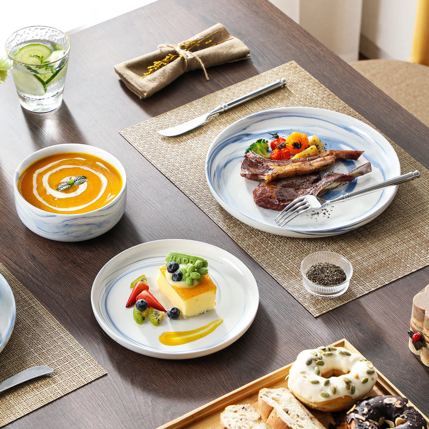 MALACASA Luna Series 24-Piece Marble Porcelain Dinnerware Set with 8 Pcs Dinner/Dessert Plates, Bowl Tableware Set Service for 4