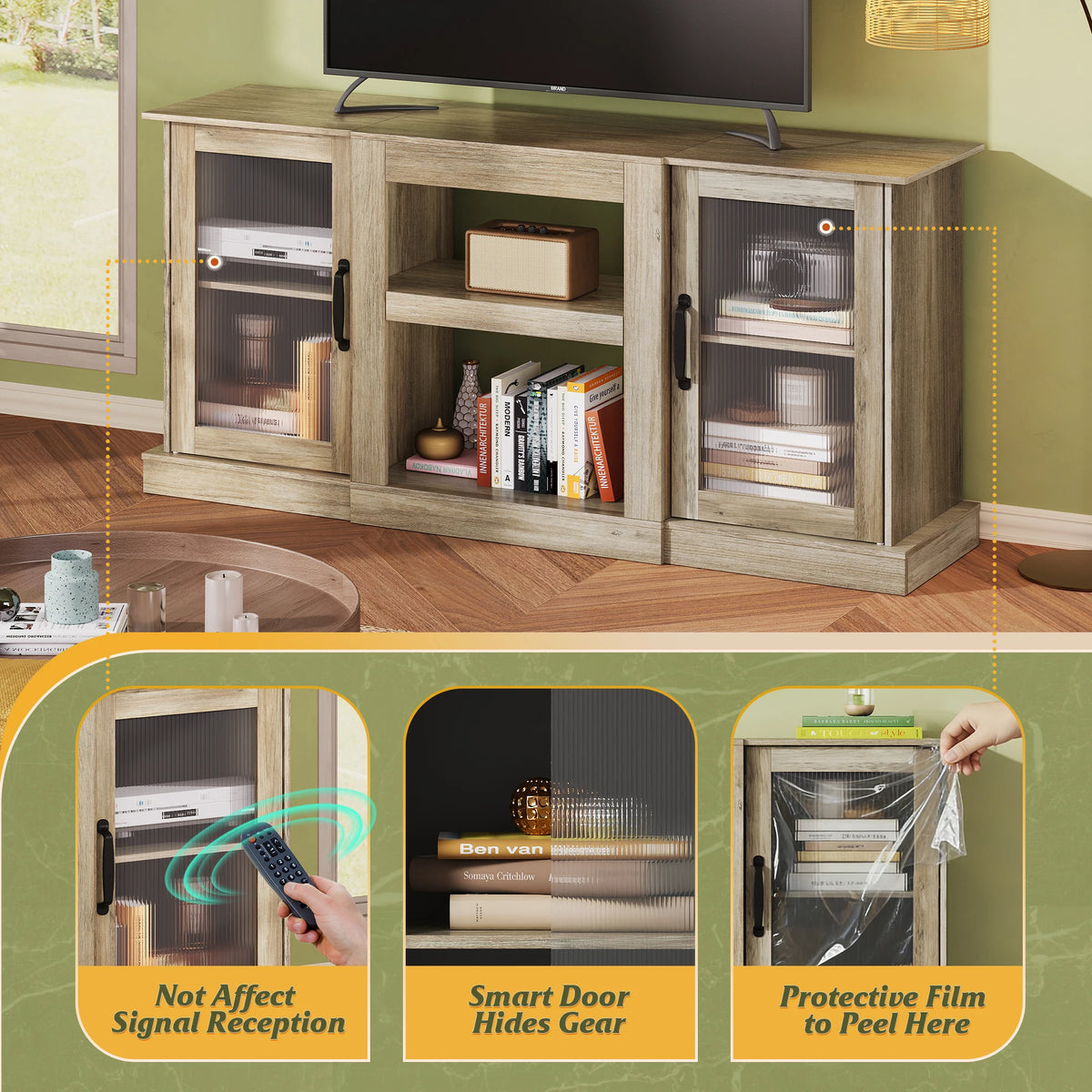 58" Farmhouse TV Stand for 65/60/55 Inch TVs, Tall Entertainment Center with Storage Cabinets & Adjustable Shelves, Modern Media Console Table with Acrylic Doors for Living Room Bedroom, Greige