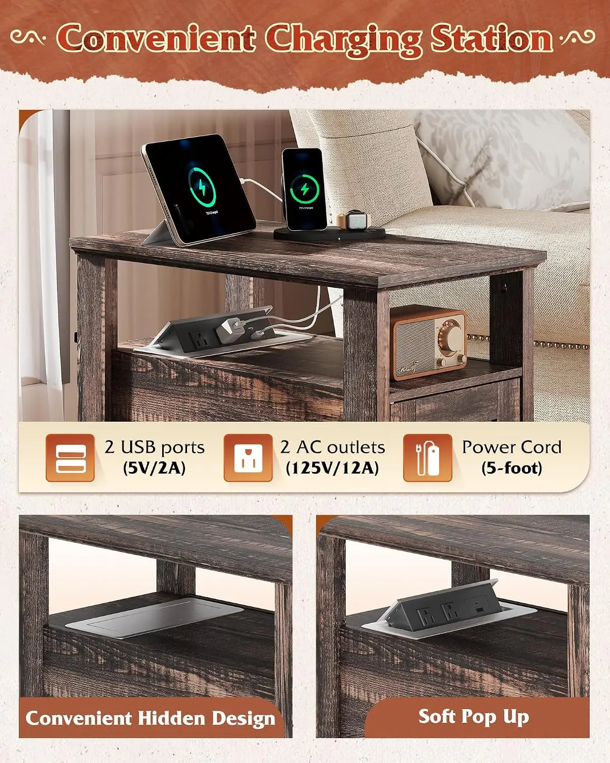Farmhouse End Table With Smart Charging Station And Storage