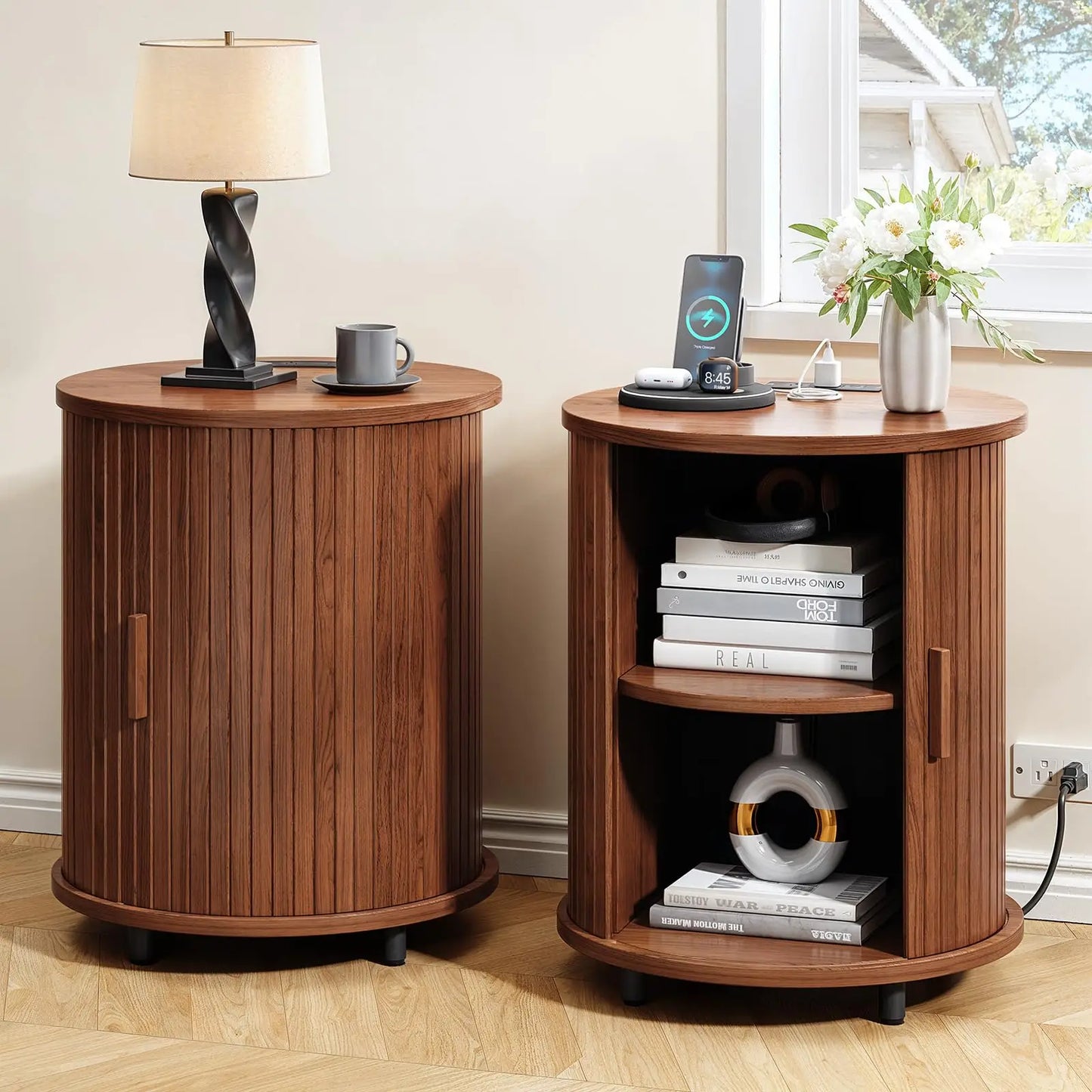 Fluted Round End Table, Mid Century Bedside Table, Modern Nightstands Set Of 2 For Living Room, Bedroom, Entryway