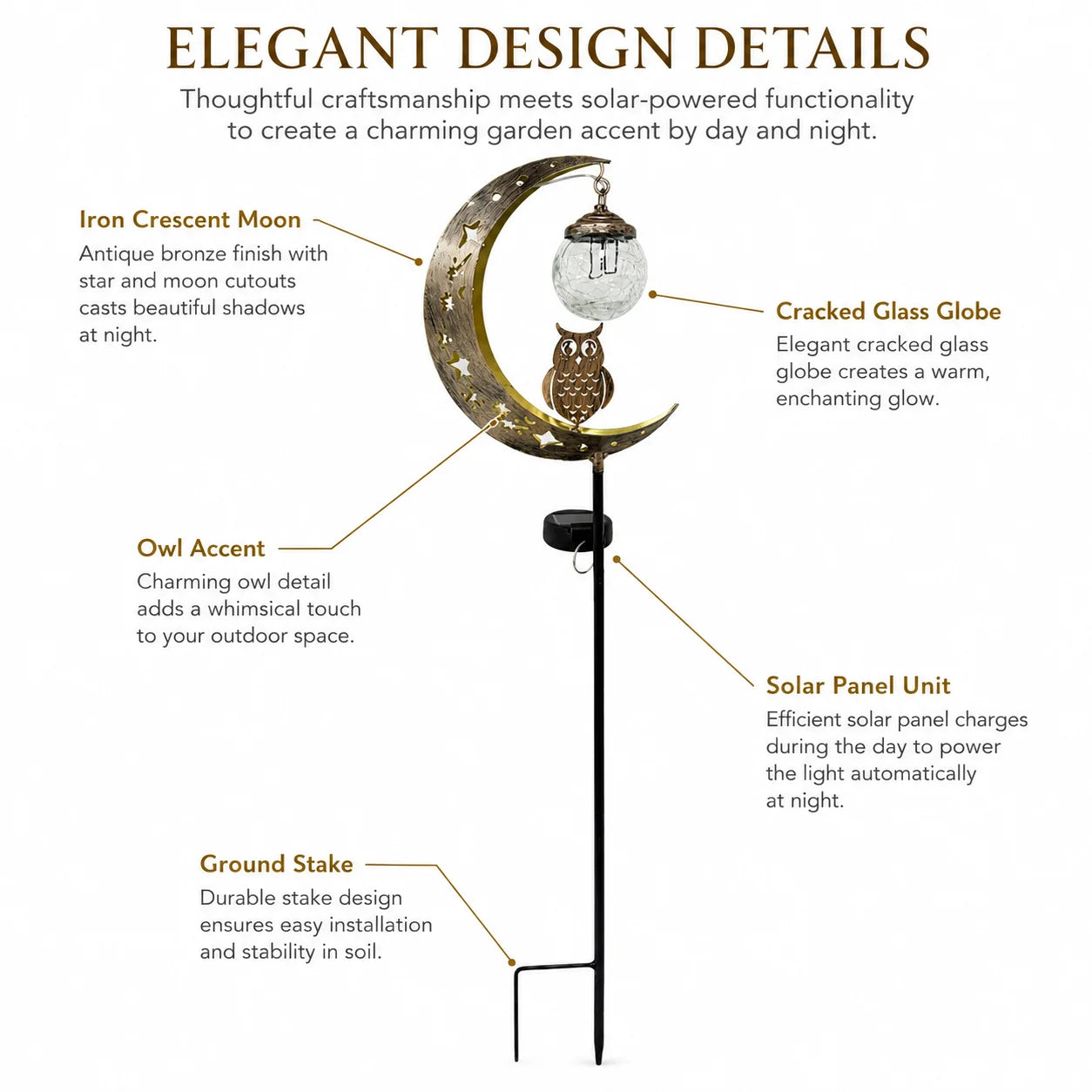 Solar Moon Ground Light With Decorative Owl And Glass