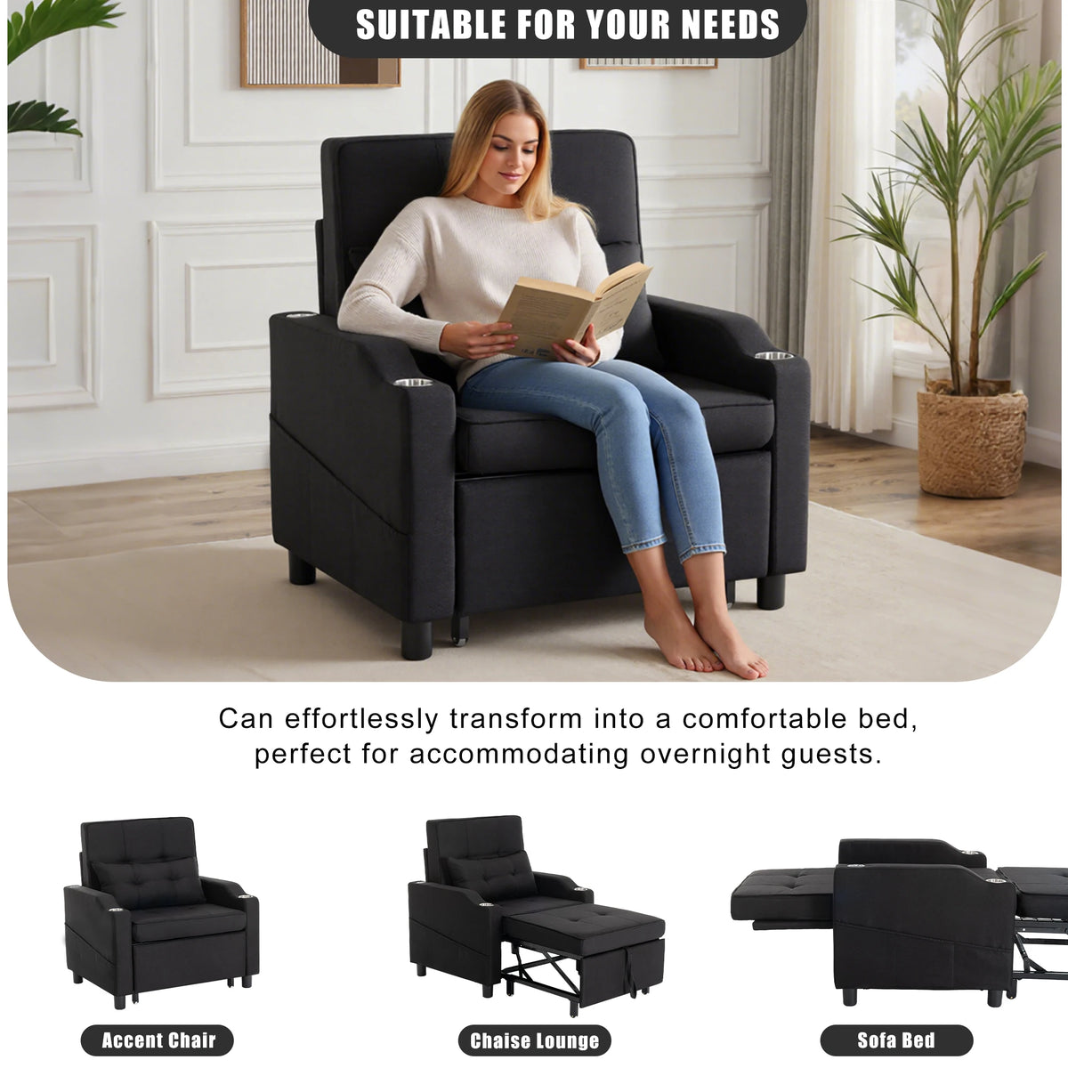 Upholstered Recliner Sleeper Chair With Usb Port And Pocket