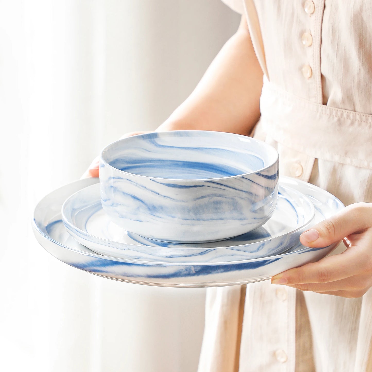 MALACASA Luna Series 24-Piece Marble Porcelain Dinnerware Set with 8 Pcs Dinner/Dessert Plates, Bowl Tableware Set Service for 4