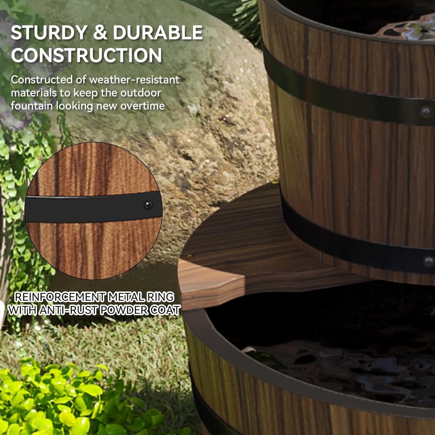 Nordivale 2 Tier Outdoor Water Fountain Wood Barrel Cascading Electric Decorative Hand Pump Rustic Waterfall for Garden Backyard Patio Porch Yard