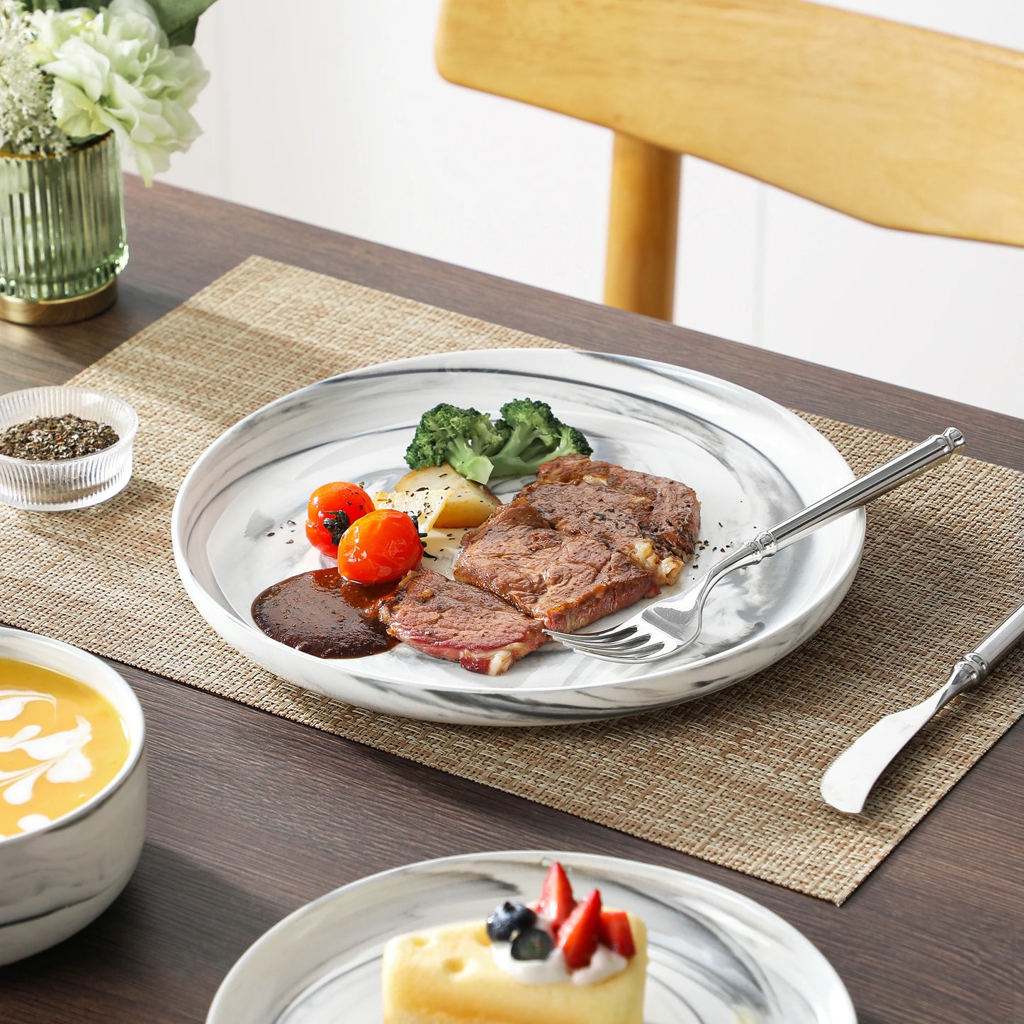 MALACASA Luna Series 24-Piece Marble Porcelain Dinnerware Set with 8 Pcs Dinner/Dessert Plates, Bowl Tableware Set Service for 4
