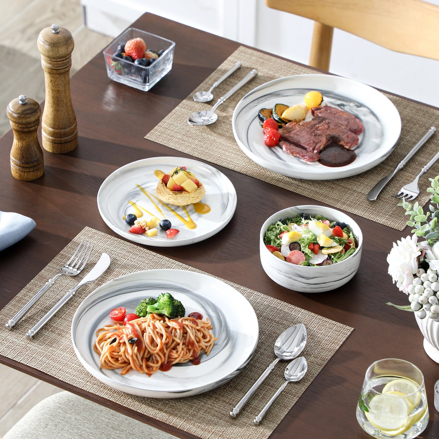 MALACASA Luna Series 24-Piece Marble Porcelain Dinnerware Set with 8 Pcs Dinner/Dessert Plates, Bowl Tableware Set Service for 4