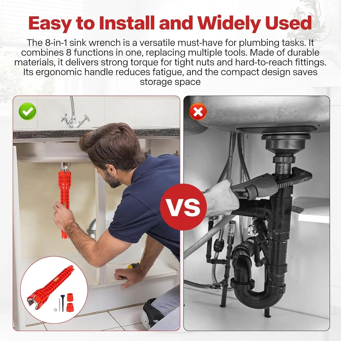 8 In 1 Basin Wrench Faucet Sink Installation Tool Plumber Repair Tool For Kitchen Bathroom Drain Nut Removal