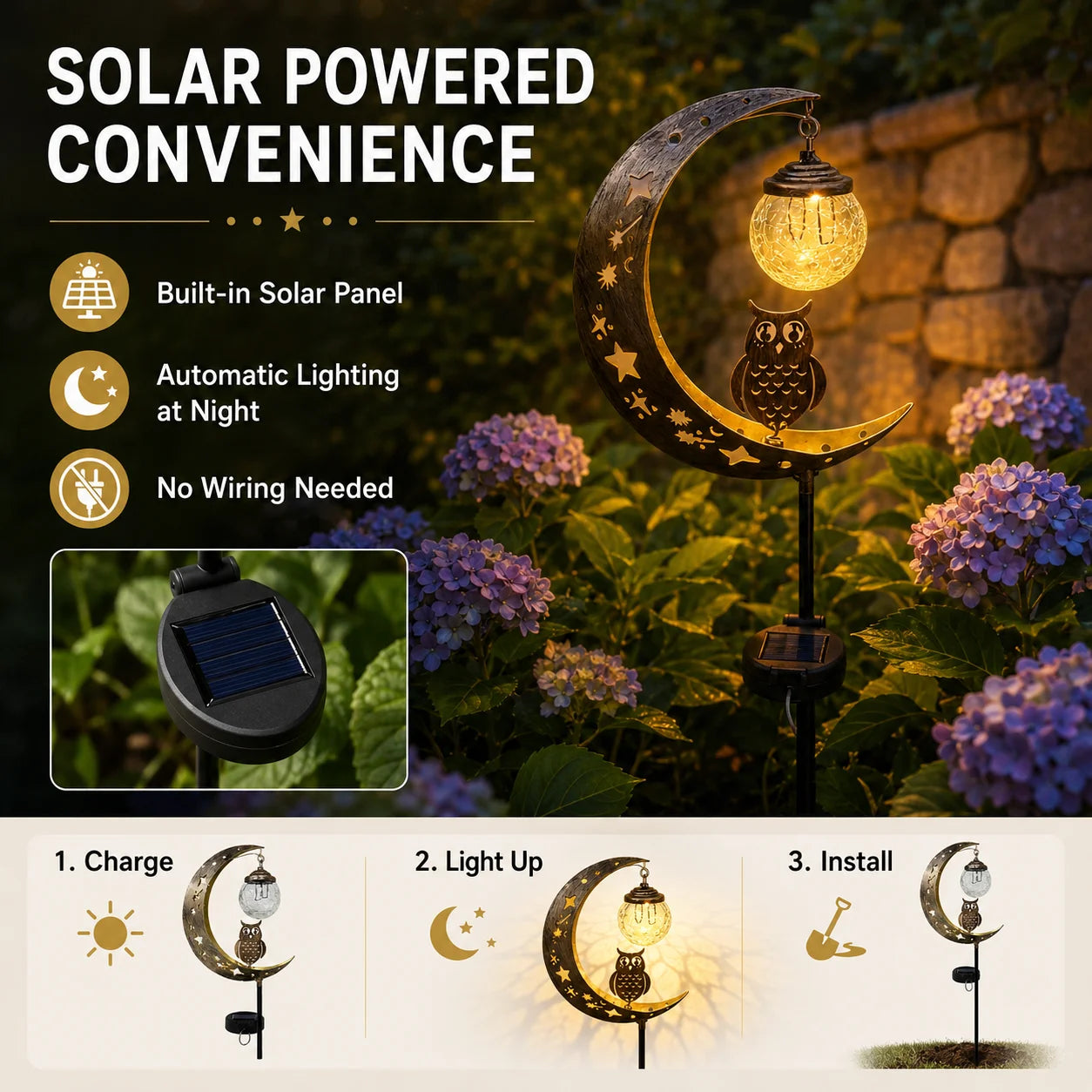 Solar Moon Ground Light With Decorative Owl And Glass