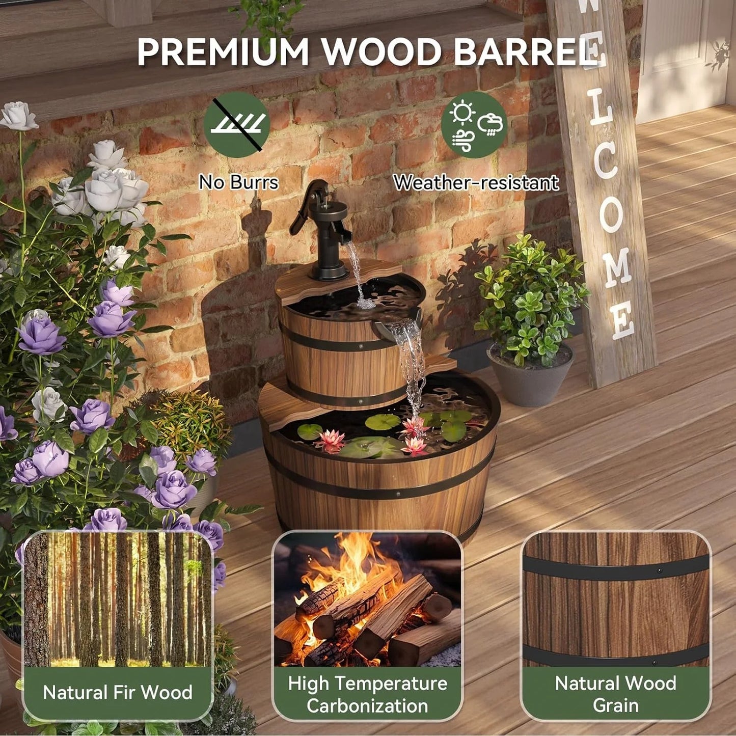 Nordivale 2 Tier Outdoor Water Fountain Wood Barrel Cascading Electric Decorative Hand Pump Rustic Waterfall for Garden Backyard Patio Porch Yard