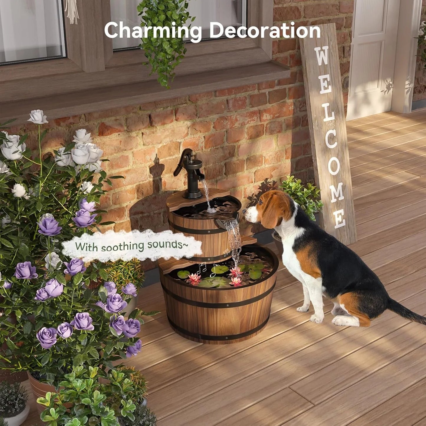 Nordivale 2 Tier Outdoor Water Fountain Wood Barrel Cascading Electric Decorative Hand Pump Rustic Waterfall for Garden Backyard Patio Porch Yard