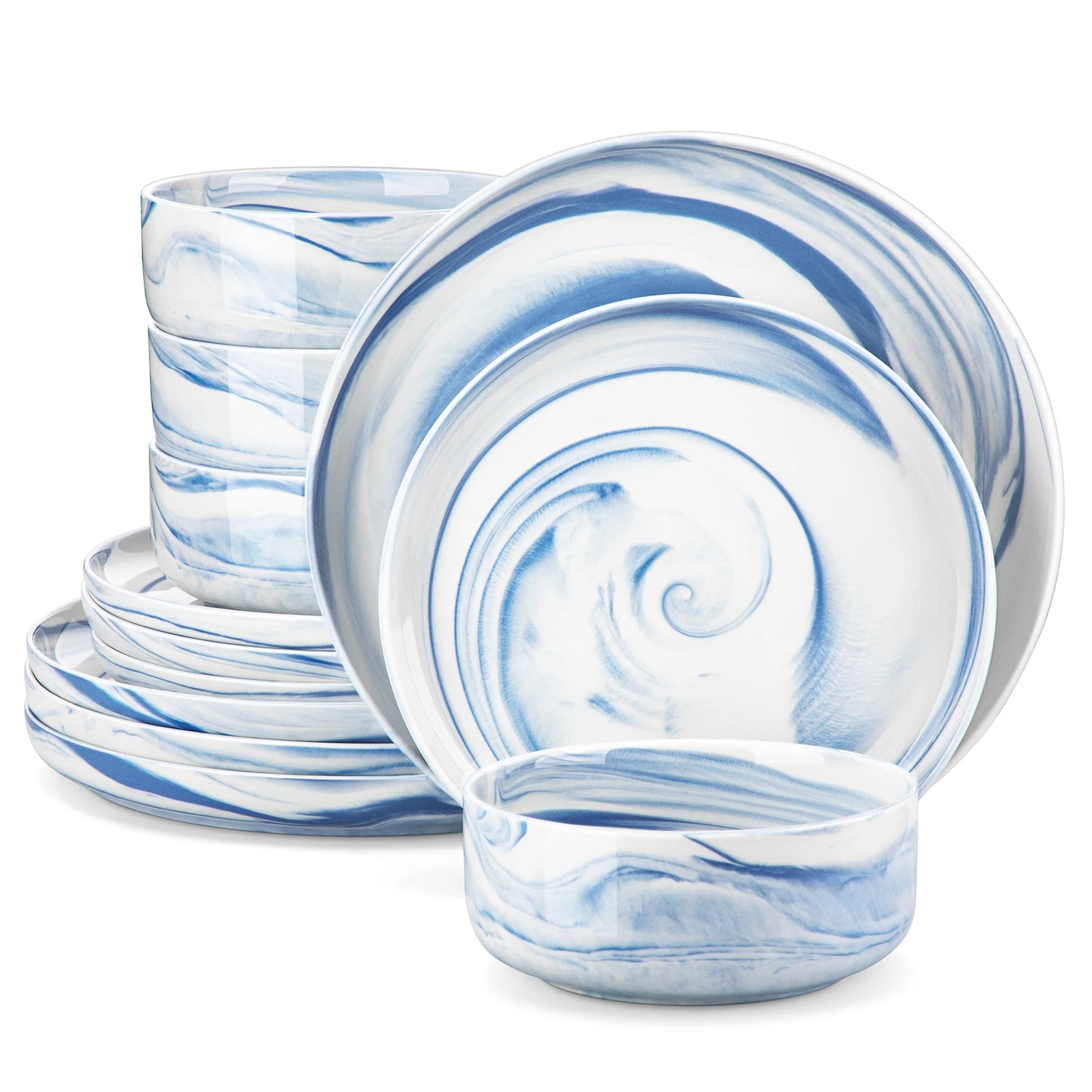 MALACASA Luna Series 24-Piece Marble Porcelain Dinnerware Set with 8 Pcs Dinner/Dessert Plates, Bowl Tableware Set Service for 4