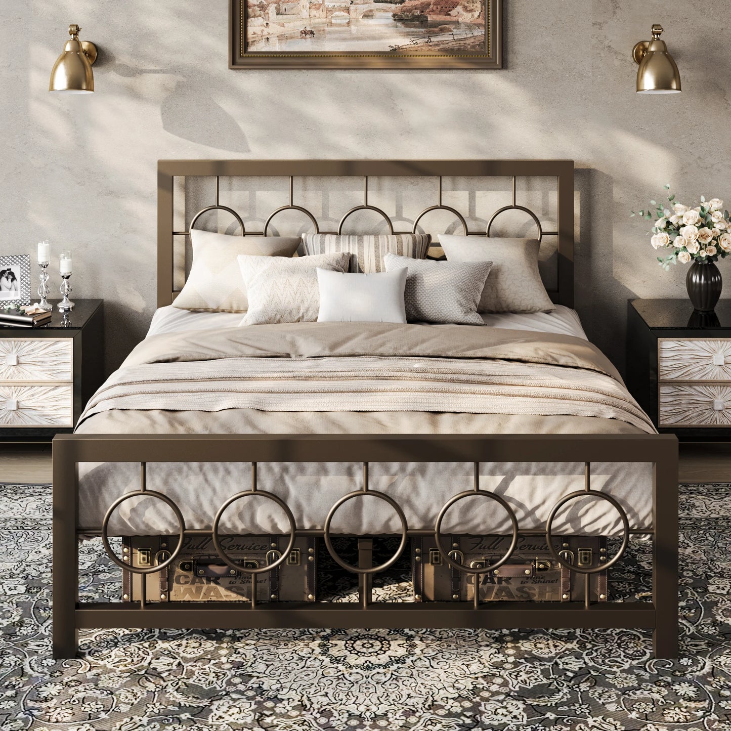 HOOMIC Vintage Circular Metal Platform Bed Frame Durable