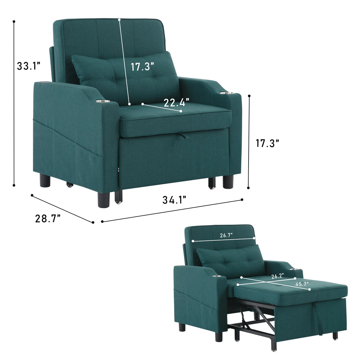 Upholstered Recliner Sleeper Chair With Usb Port And Pocket