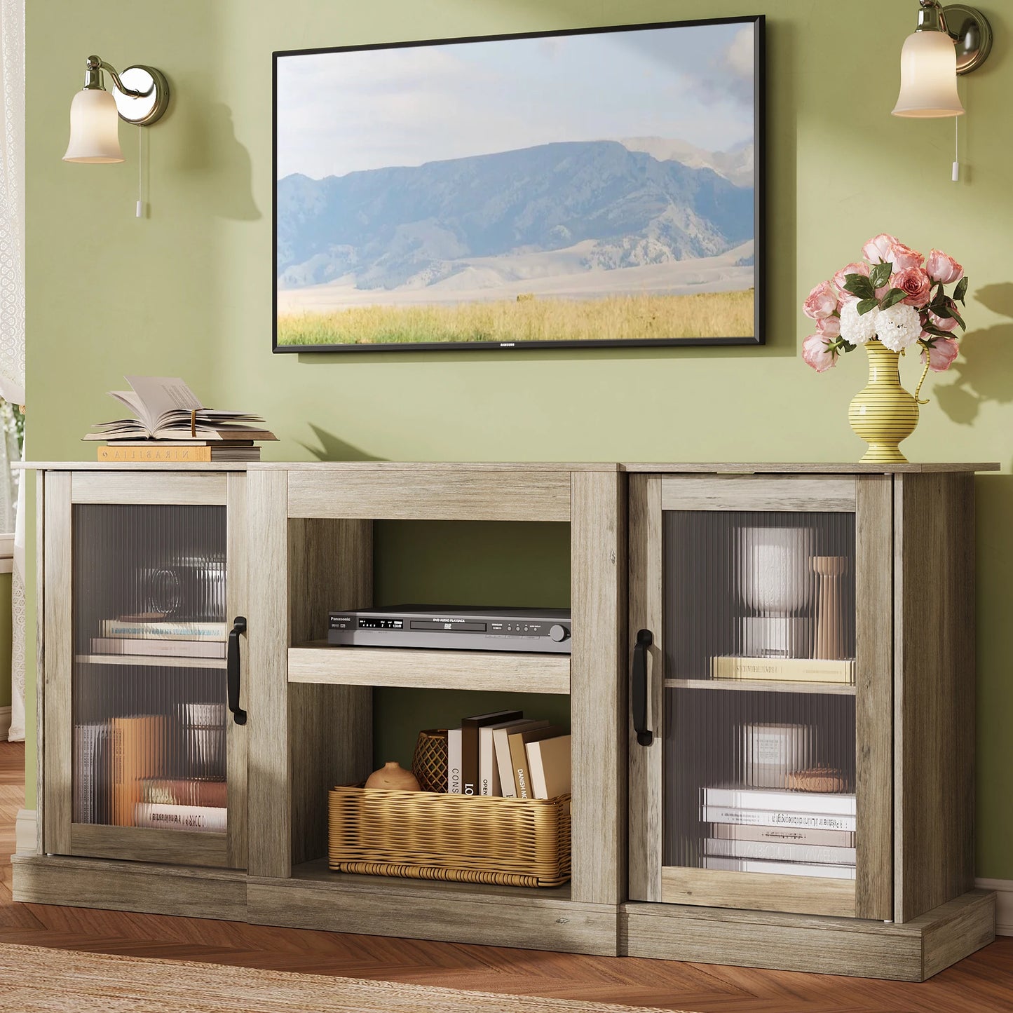 58" Farmhouse TV Stand for 65/60/55 Inch TVs, Tall Entertainment Center with Storage Cabinets & Adjustable Shelves, Modern Media Console Table with Acrylic Doors for Living Room Bedroom, Greige
