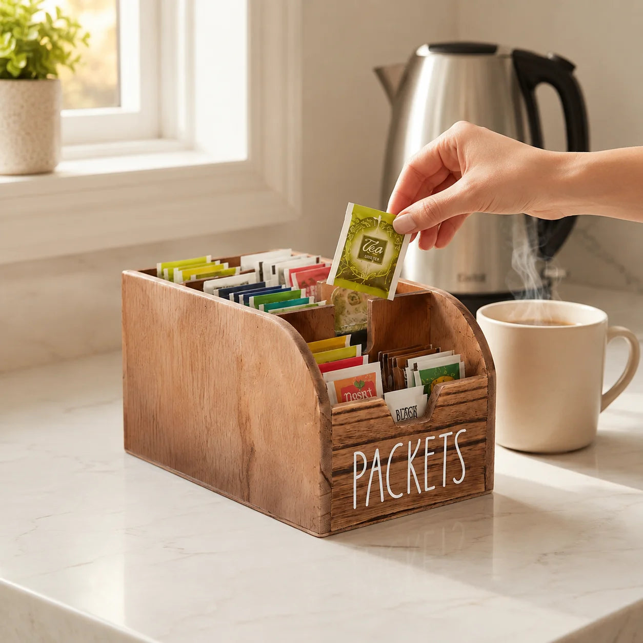 2Pcs Tea Bag Storage Bins Retro Split Multi Level Basket Shelf With Window Country Style Kitchen Bar Countertop Organizer For Tea Packets Seasoning Condiment Sachets Small Sundries Pantry Cabinet Home Decoration