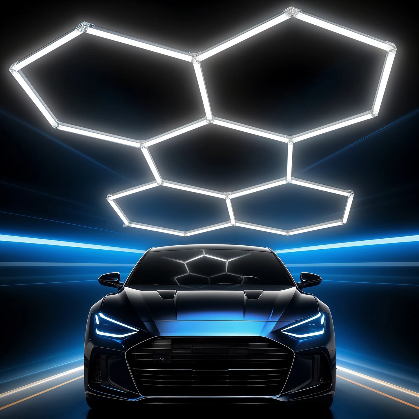 Hexagon LED Garage Lights 5 Hex Grid 192W 26400LM Super Bright Ceiling Lights 6500K Indoor Workshop Lighting