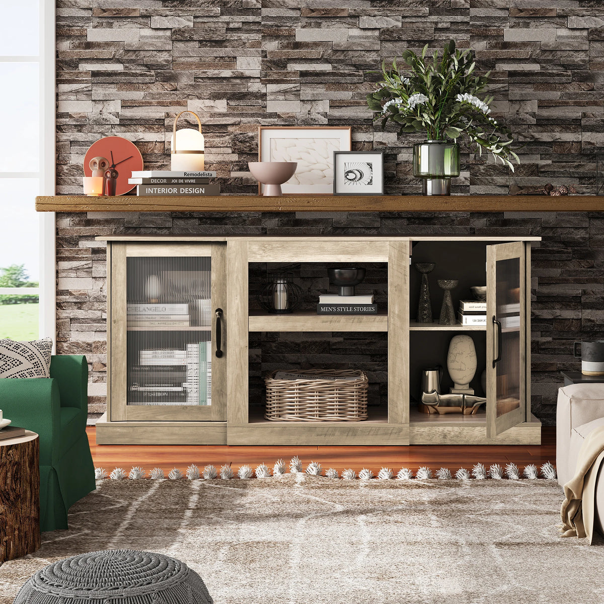 58" Farmhouse TV Stand for 65/60/55 Inch TVs, Tall Entertainment Center with Storage Cabinets & Adjustable Shelves, Modern Media Console Table with Acrylic Doors for Living Room Bedroom, Greige