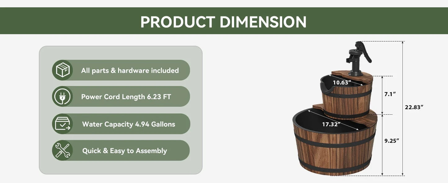 Nordivale 2 Tier Outdoor Water Fountain Wood Barrel Cascading Electric Decorative Hand Pump Rustic Waterfall for Garden Backyard Patio Porch Yard